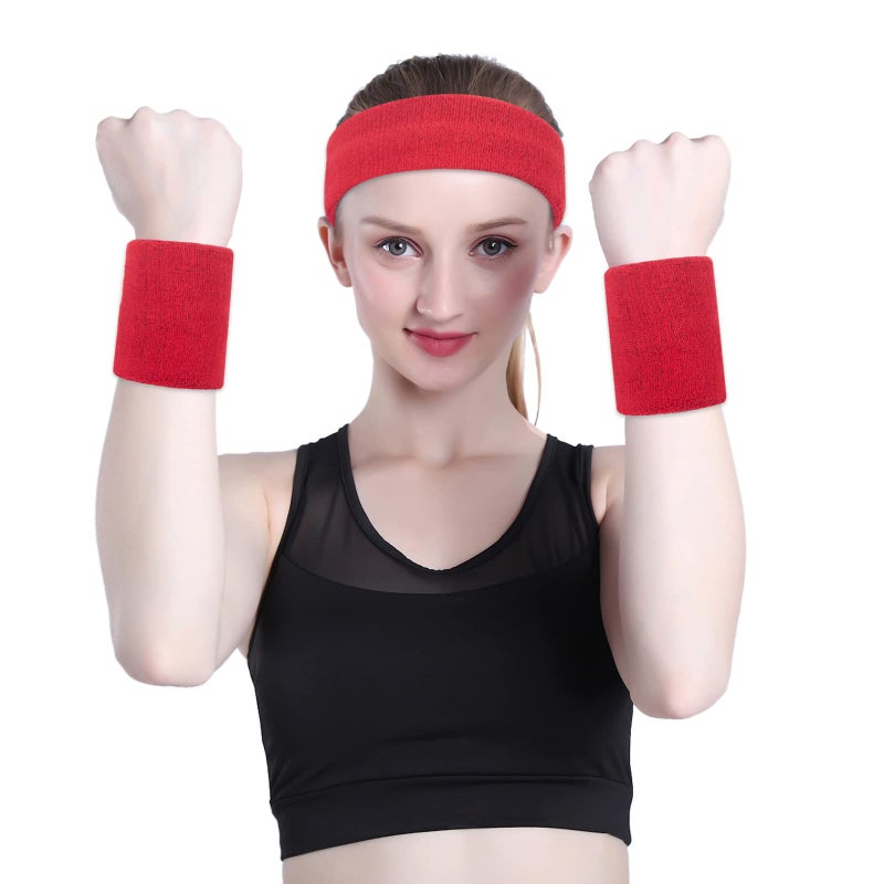 ONUPGO Red Sweatband, Sports Headband Striped SweatbandsSet, Terry Cloth Wristband Athletic Exercise Basketball Wrist Sweatband and Headbands Moisture Wicking Sweat Absorbing Head Band - Image 5